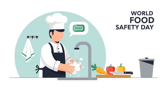 World Food Safety Day: Chef washing hands with soap and water