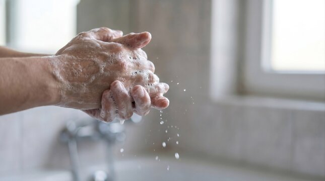 Soapy hands rinsing near bathroom window with water drops copy space
