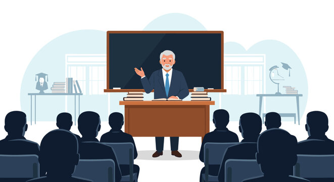 Experienced professor standing at a desk giving a lecture to a group of students in a classroom with a blackboard.