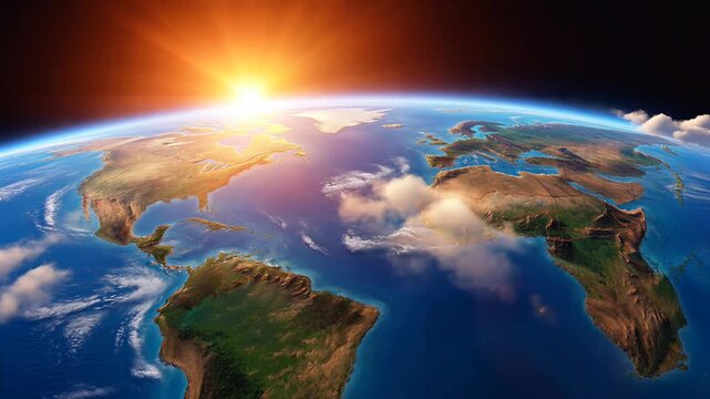 Earth planet view from space with sunrise over Atlantic Ocean horizon
