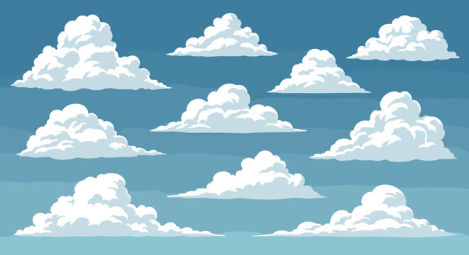 Set of diverse white fluffy cloud shapes in various sizes scattered across a blue sky background for atmospheric scenes.