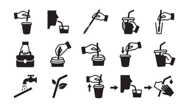 Beverage consumption procedures icon set with beverage drinking instruction