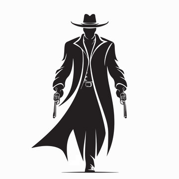 Mafia Gangster in Hat and Long Coat with Pistols Silhouette Vector 