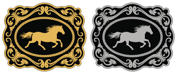 Obraz premium Horse label belt buckle wild western rodeo ranch cowboy style tag design, gold and silver vector silhouettes with classic rodeo symbols, Western festival artwork illustration, vintage cowboy branding