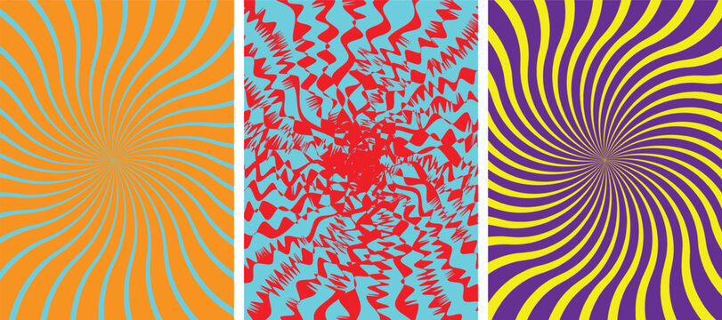 Abstract Spiral Optical Illusion Background Set Colorful Twisted Radial Lines Psychedelic Vector Pattern Collection