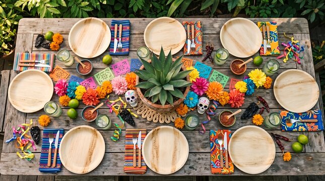 Dia de los Muertos Table Setting with Flowers and Skulls