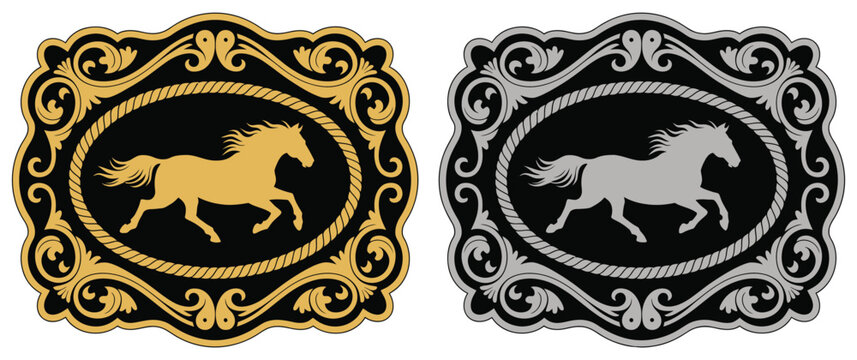 Horse label belt buckle wild western rodeo ranch cowboy style tag design, gold and silver vector silhouettes with classic rodeo symbols, Western festival artwork illustration, vintage cowboy branding