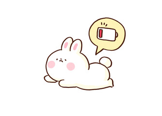 Fototapeta premium A rabbit lying down exhausted with a low battery icon representing burnout