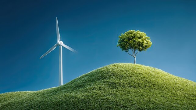 A single tree stands on a grassy hill next to a tall wind turbine against a clear blue sky, symbolizing renewable energy and nature.
