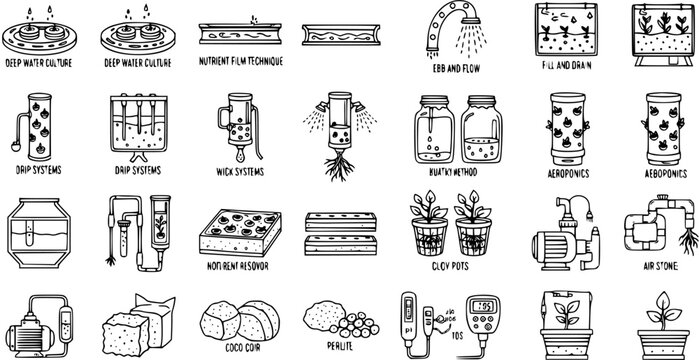 Black  white line art icons of hydroponic systems, indoor farming equipment, and gardening methods. Vector glyphs for sustainable agriculture and plant cultivation.