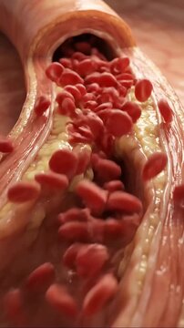 Blood Flow Blockage of an artery, showing red blood cells encountering resistance as they try to pass through a plaque-ridden vessel.