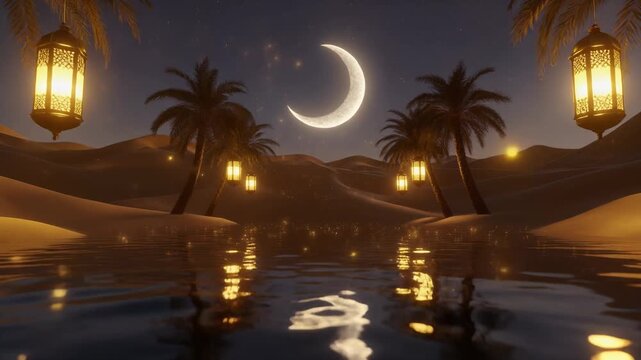 desert oasis at night with a calm reflective water surface. Soft warm lanterns han