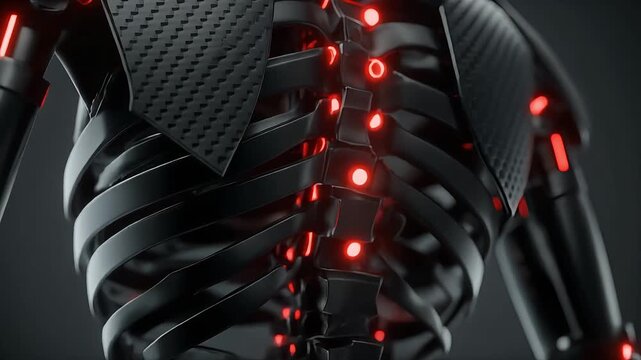 futuristic robotic human spine with red glowing lights and carbon fiber textures