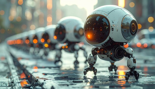 Futuristic robots marching in a line on wet pavement.