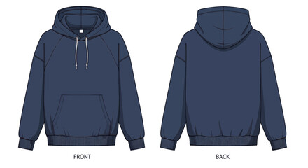 Navy Blue Hoodie Mockup: Front and Back Views, Fashion Flat Lay © wowo