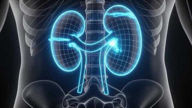 human kidney anatomy on dark background with wireframe hologram effect