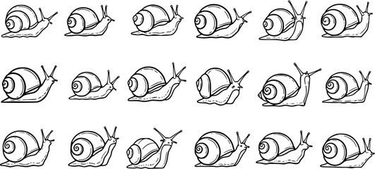 Black and White Line Art Snails Set. Outline Icons of Garden Creatures for Nature, Animal, and Outdoor Themes. Minimalist Doodle Collection. © pixsource