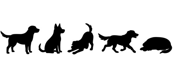 A collection of black silhouettes showing dogs in various poses, including standing, sitting, playing, running, and lying down © Yuli