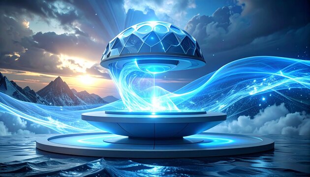 Futuristic glowing blue dome on water.