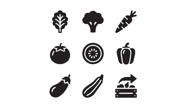 Set of fresh vegetable and farm produce icons with vegetable broccoli eggplant