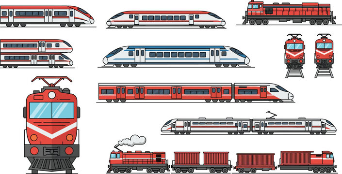 Train Icon Set with High-Speed, Electric, Freight, and Locomotive Designs for Transportation, Rail Travel, and Cargo