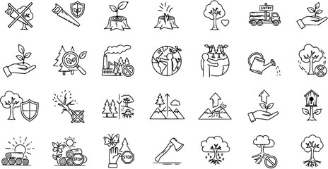 Naklejka premium Black White Line Art Icons for Forestry, Environment, and Ecology: Deforestation, Reforestation, Nature Conservation, and Logging Symbols