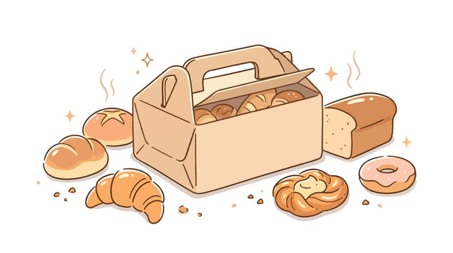 Bakery Takeaway Box with Handle Surrounded by Assorted Bread Flat Vector Doodle Style
