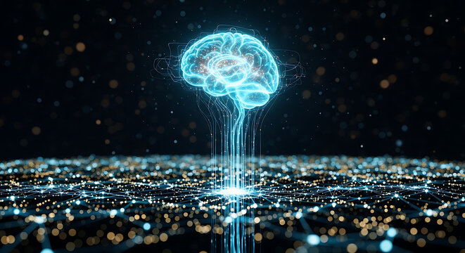 Futuristic digital brain concept with glowing neural network connections and data points on a dark background, representing artificial intelligence and technology innovation