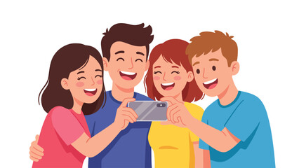 Obraz premium Happy young friends taking group selfie with smartphone. Diverse smiling youth capturing joyful friendship moment.