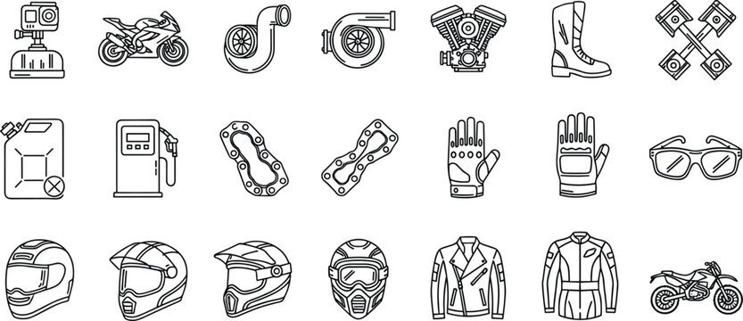 Motorcycle parts and riding gear icons set including helmets gloves engine boots chains fuel pump vector outline