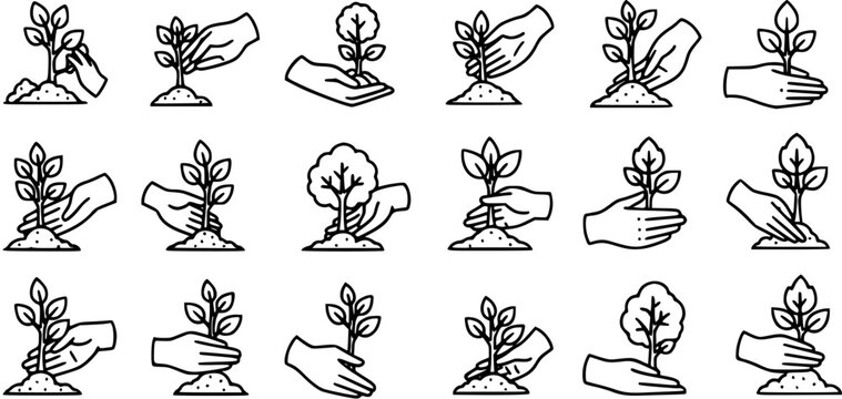 Black and White Line Art Icons of Hands Planting Saplings and Trees in Soil