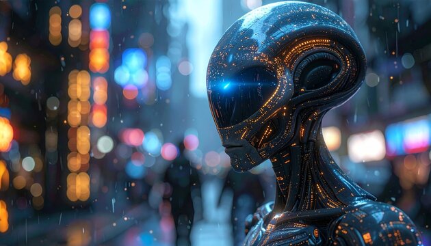 A futuristic alien robot head in city.