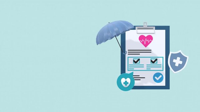 Health insurance and healthcare protection concept animation with copy space for text. It visualizes safety, medical coverage, and financial security against illness and accidents.