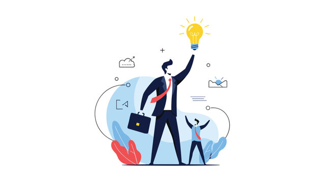 Ambitious businessman holding a glowing lightbulb representing a great idea while standing on an abstract blue background.