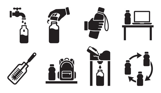 Set of water bottle and hydration icons in black silhouette with hydration
