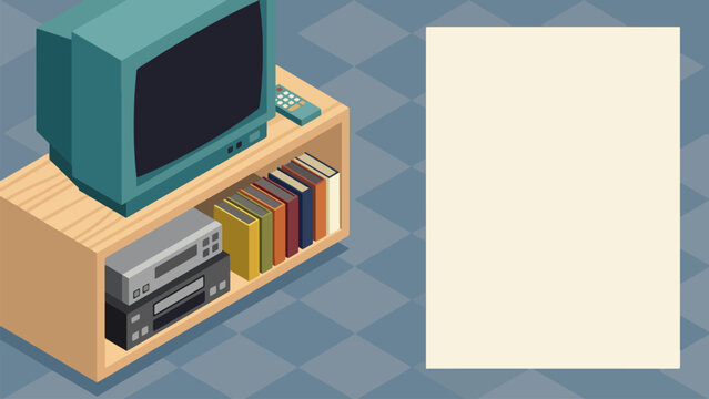 Isometric illustration of a retro living room setup with a CRT TV, VCRs, and books on a wooden shelf.