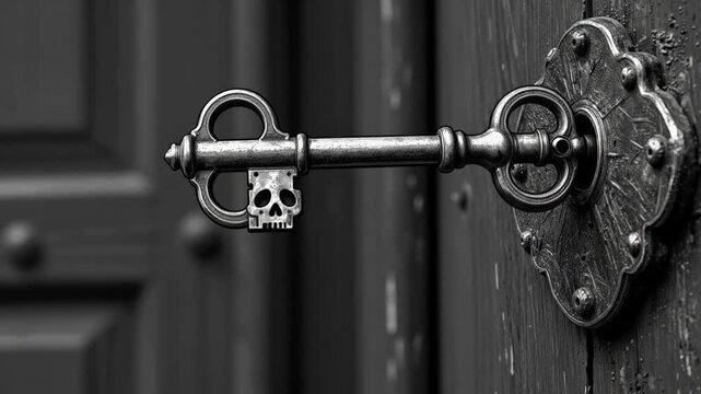 Antique Skeleton Key Unlocking a Dark Wooden Door in Moody Cinematic Close Up