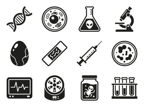 Alien Biology and Laboratory Science Icon Set - Extraterrestrial Research, Genetics, and Biohazard Symbols