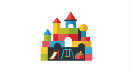 Colorful building blocks forming a playful castle with a slide and swing set. © fafa