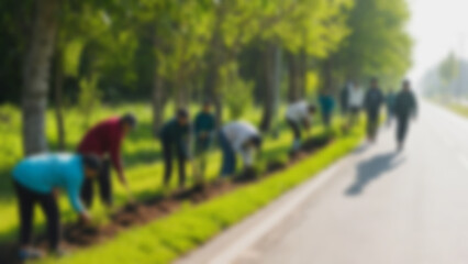 Obraz premium Group of volunteers planting along a roadside park blurred view
