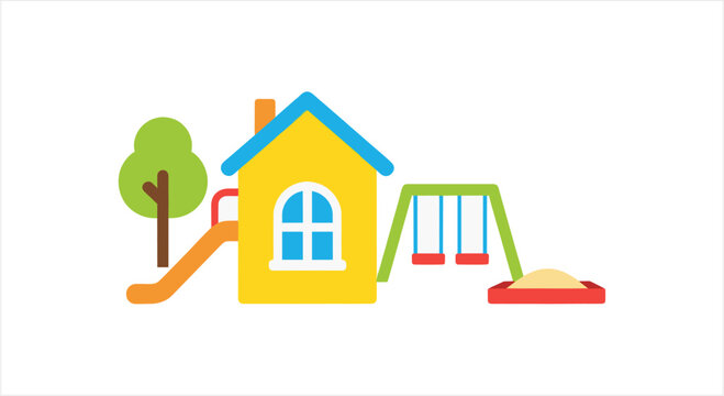 Colorful childrens playground with house, slide, swings, and sandbox.