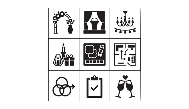 Set of wedding and special event planning icons with planning, celebration