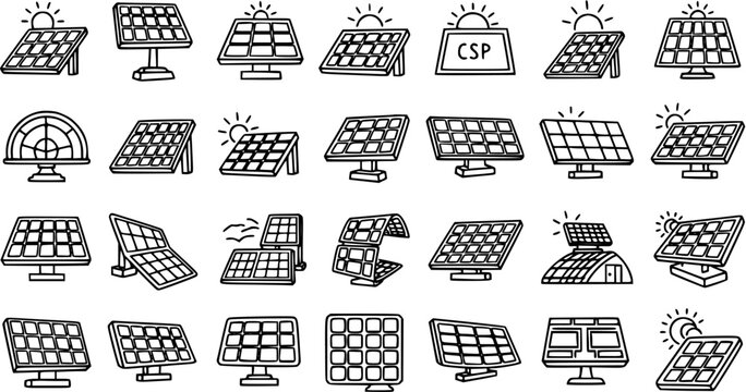 Renewable Energy Solar Panels Vector Icons Set in Black  White Line Art Style - Hand-Drawn Photovoltaic Power Technology Collection