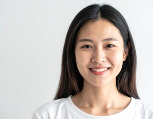 Fototapeta premium AI generated portrait of a young Asian woman smiling in white shirt, clean minimal background, natural beauty and lifestyle concept