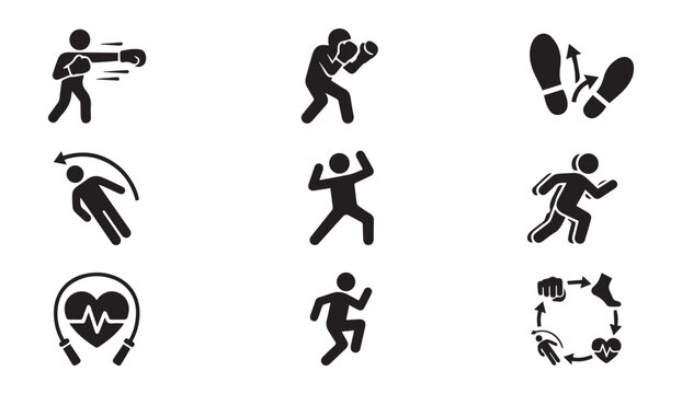 Combat sports and boxing training icons with training footwork exercise