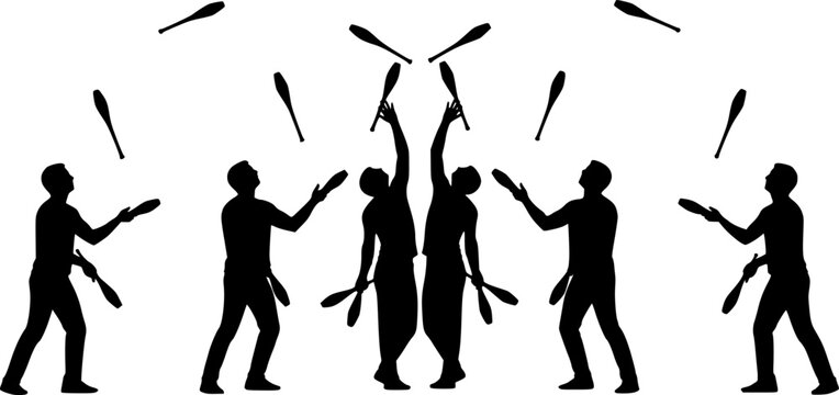 silhouette figures, juggling clubs, circus performers, black and white illustration, contrasting shapes, dynamic poses, symmetrical composition, vector art style, minimalist design, performance art