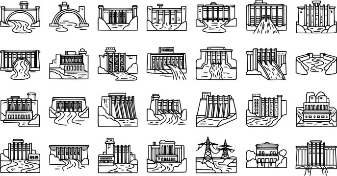 Black and White Line Art Icons of Various Dams and Hydroelectric Power Plants