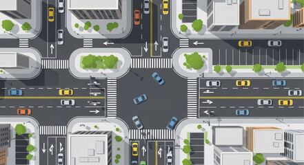 Busy City Intersection with Cars and Buildings Aerial View. © Sigaling Lin