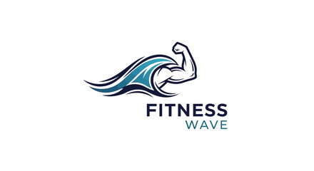 Fototapeta premium Fitness Wave Logo with Flexing Arm and Ocean Elements