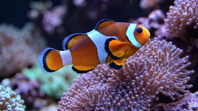 Vibrant Clownfish Swims Gracefully Amidst Colorful Coral Reef Ecosystem.